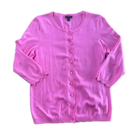 Talbots Pink Cotton Blend Preppy 3/4 Sleeves Button Front Scalloped Cardigan - Picture 2 of 5